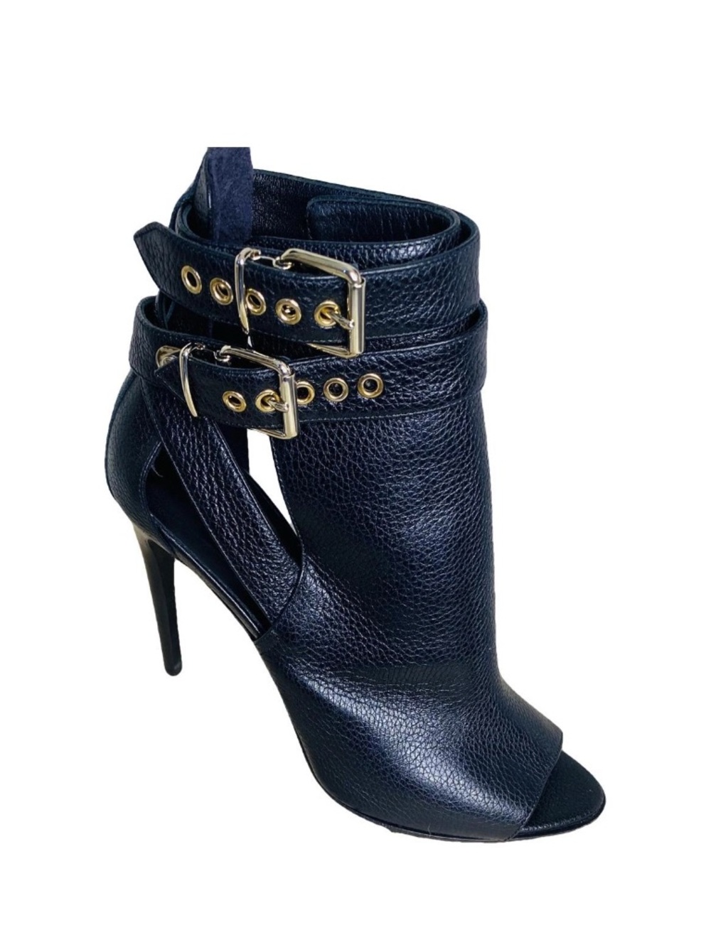 🛍️ Burberry Authentic Black Leather Peep-Toe Stiletto Ankle Boots with Buckles